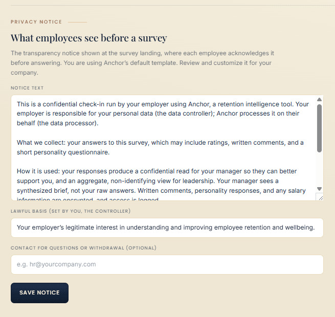 The Anchor privacy notice each employee sees and acknowledges before answering the survey.