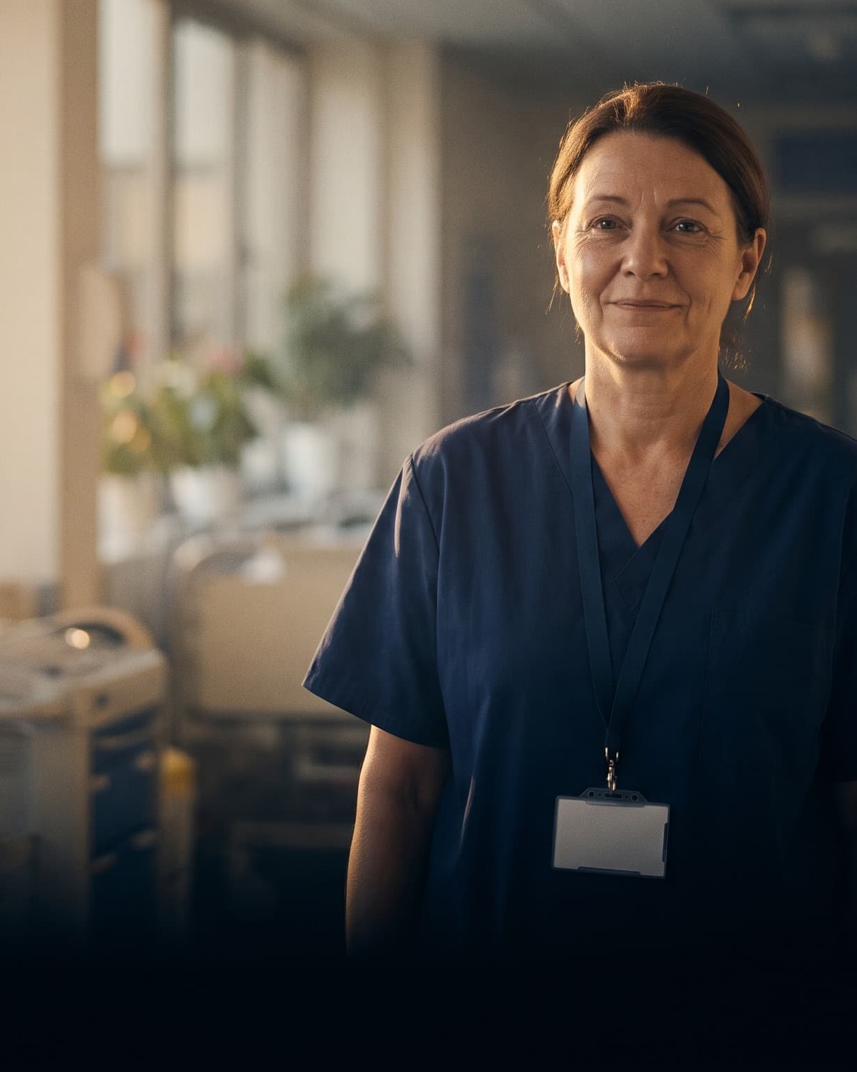 A nurse in scrubs standing in a warm hospital corridor, looking to camera.