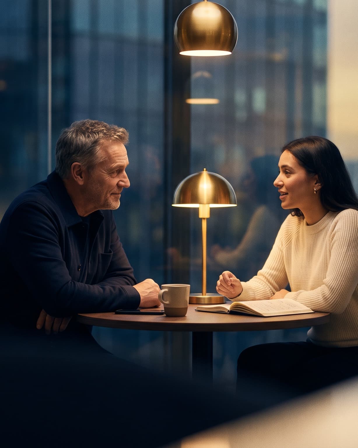 A manager and an employee in a warm one-on-one conversation at a small table in a modern office at dusk.