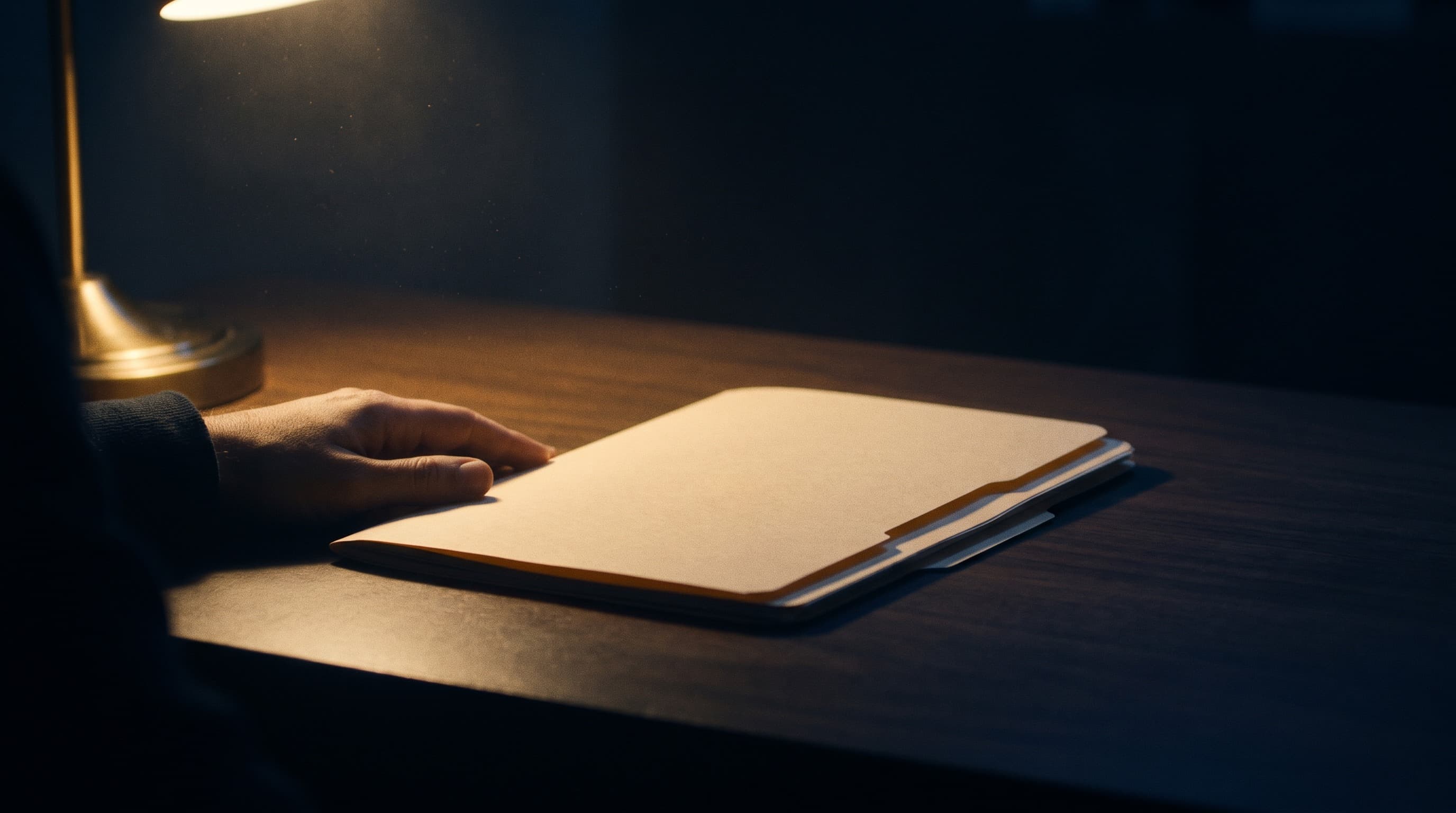 A single closed manila folder on a desk at night, lit by a warm desk lamp, a coffee cup and reading glasses beside it.
