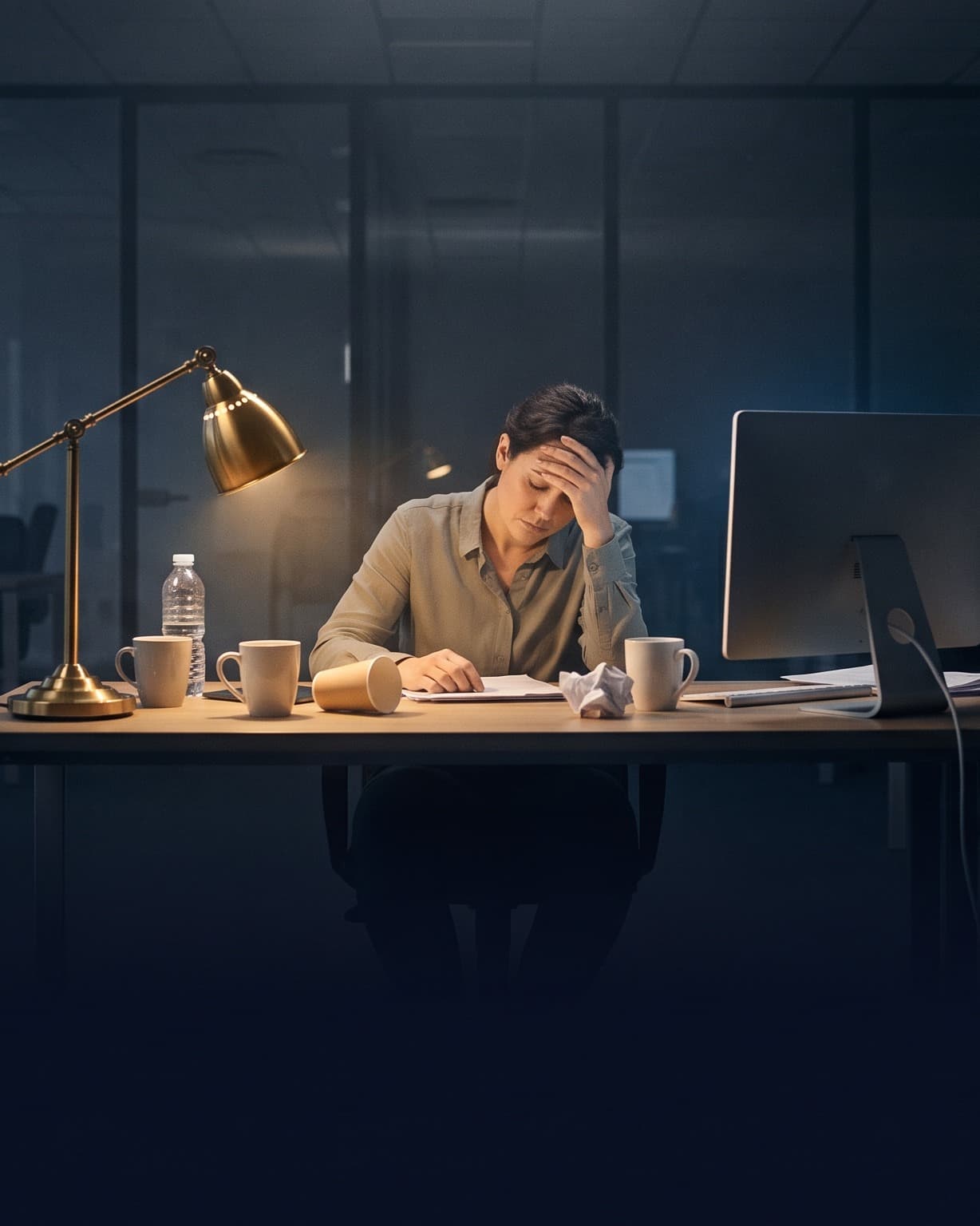 A tired professional working alone late at an office desk, head in hand, beside empty coffee cups.