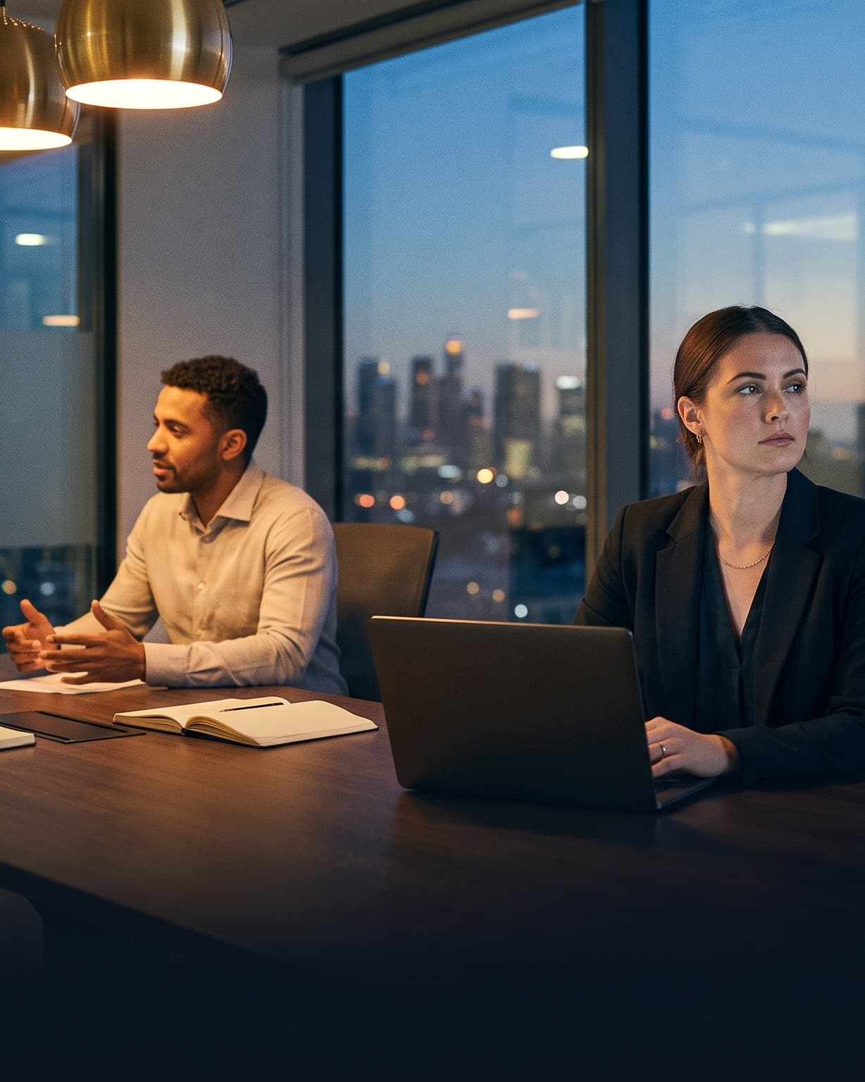 A team meeting in a conference room; one employee at the end of the table has quietly disengaged, gaze drifting to the window.